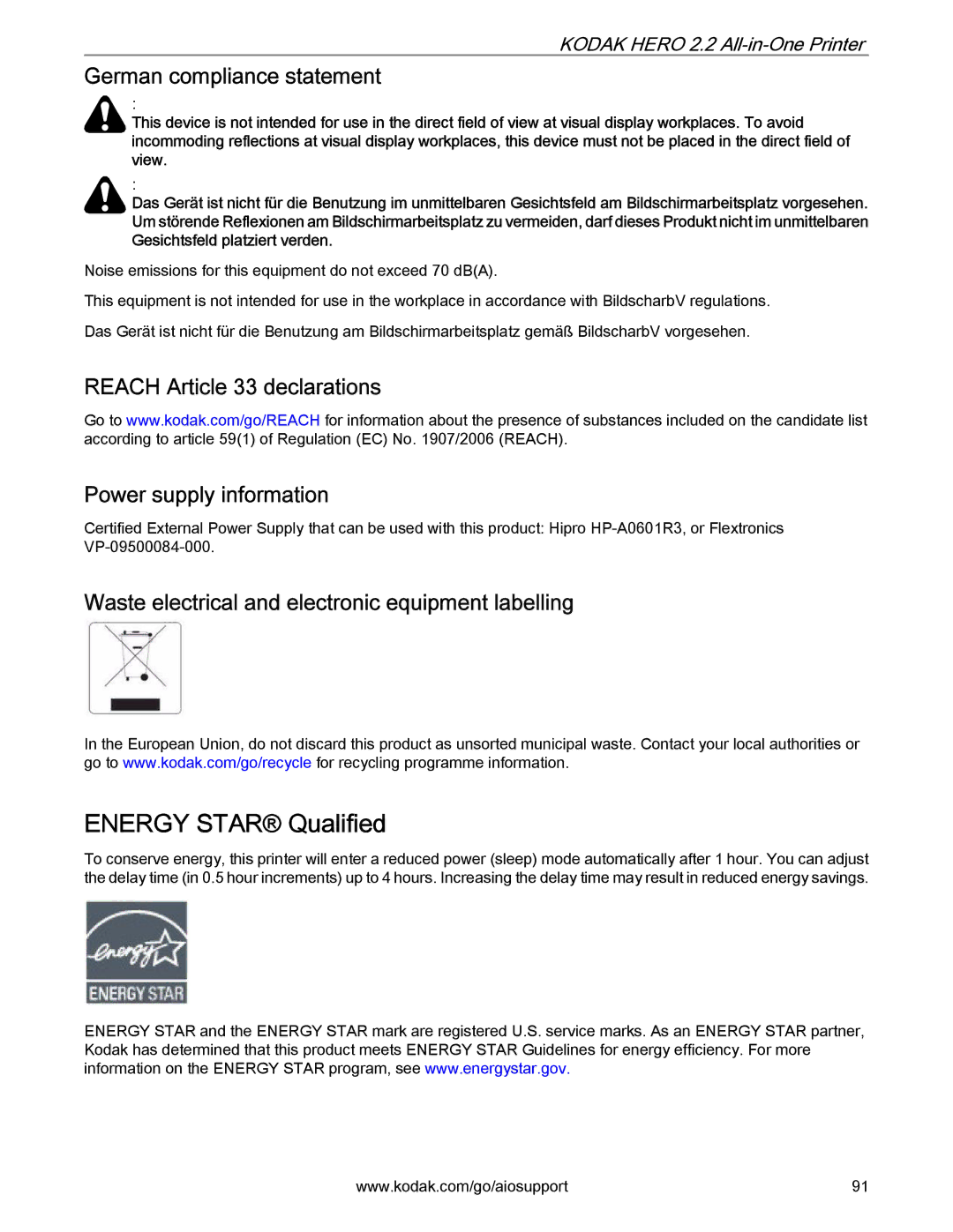 Kodak 2.2 manual Energy Star Qualified, German compliance statement, Reach Article 33 declarations Power supply information 