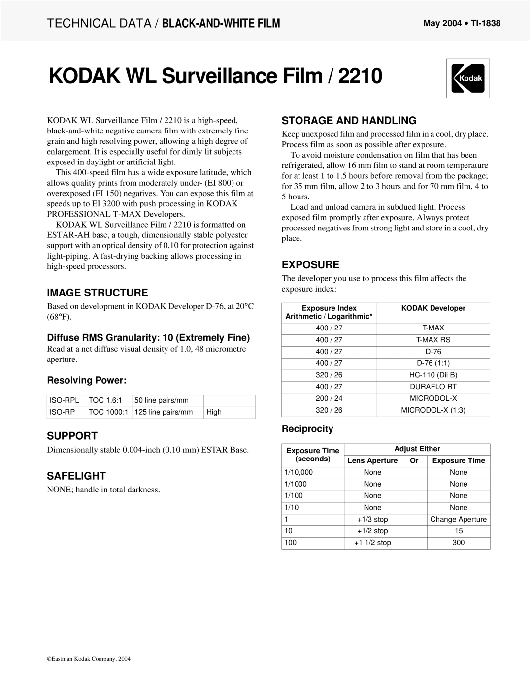 Kodak 2210 manual Image Structure, Storage and Handling, Exposure, Support, Safelight 