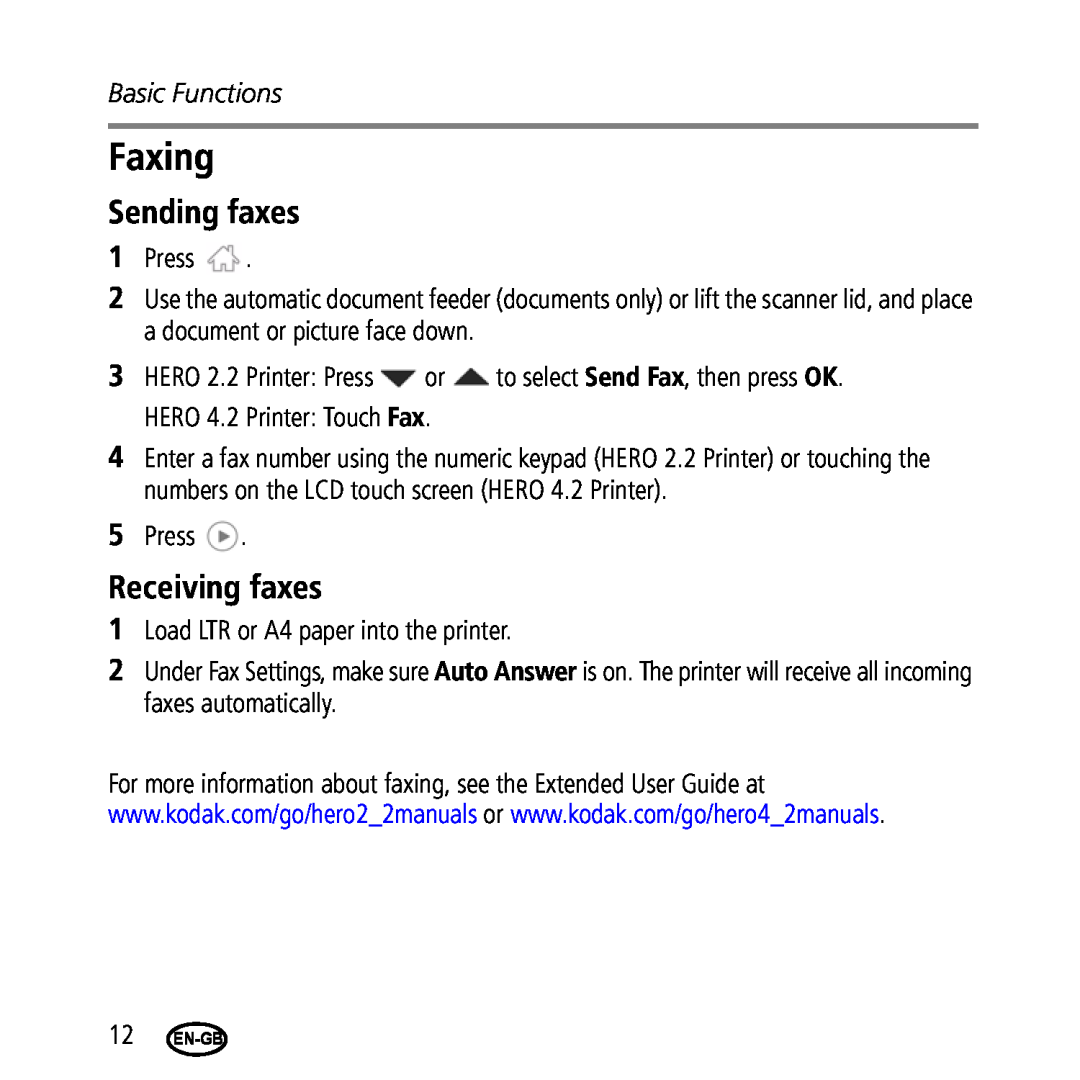 Kodak 2.2/4.2 manual Faxing, Sending faxes, Receiving faxes, Basic Functions 