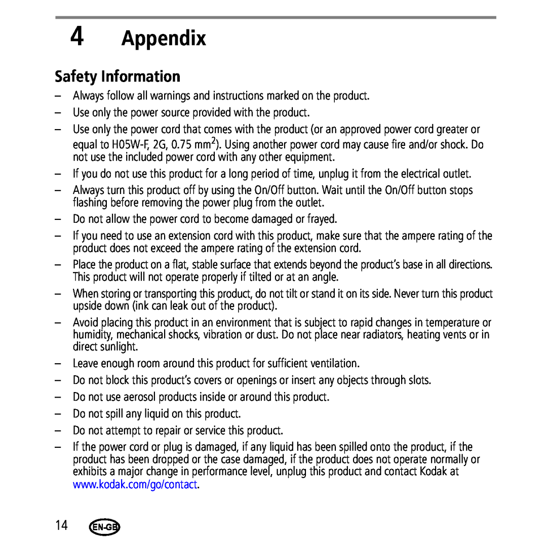 Kodak 2.2/4.2 manual Appendix, Safety Information 