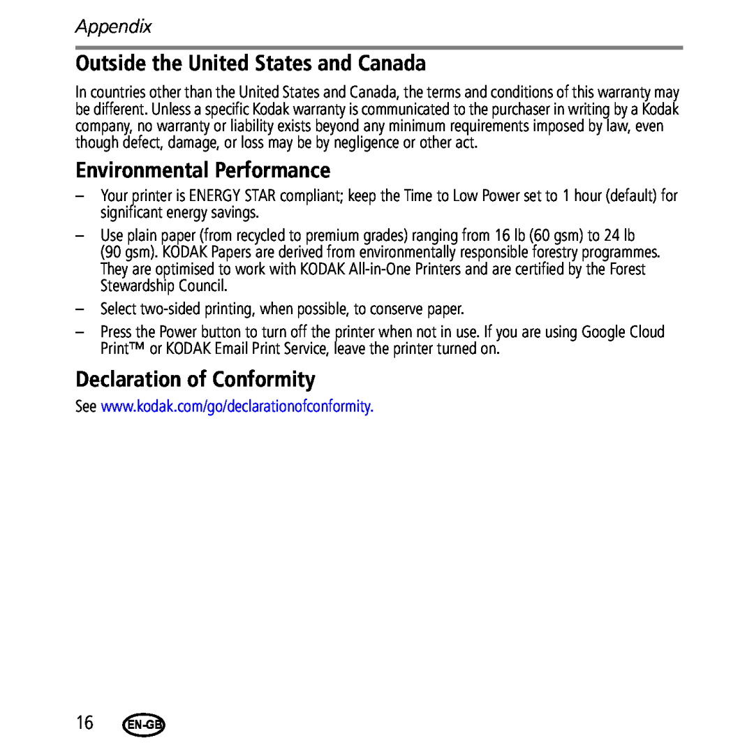Kodak 2.2/4.2 manual Outside the United States and Canada, Environmental Performance, Declaration of Conformity, Appendix 