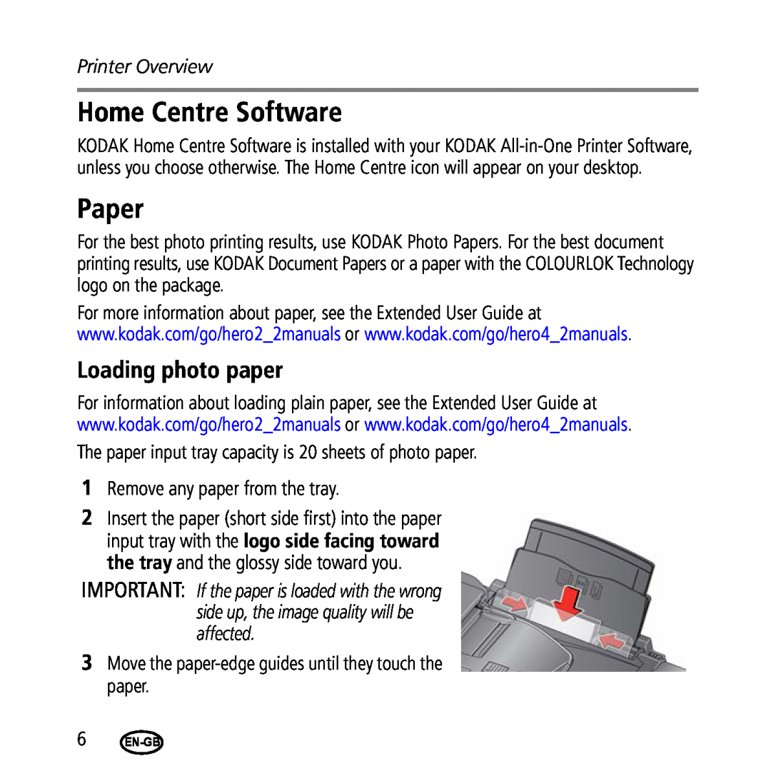 Kodak 2.2/4.2 manual Home Centre Software, Paper, Loading photo paper, Printer Overview 