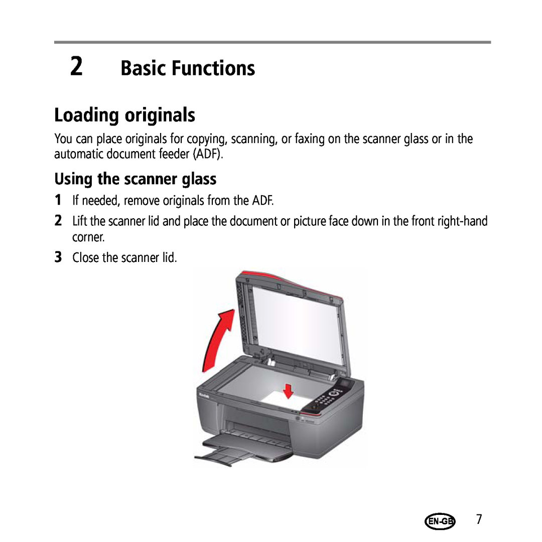 Kodak 2.2/4.2 manual Basic Functions, Loading originals, Using the scanner glass, En-Gb 