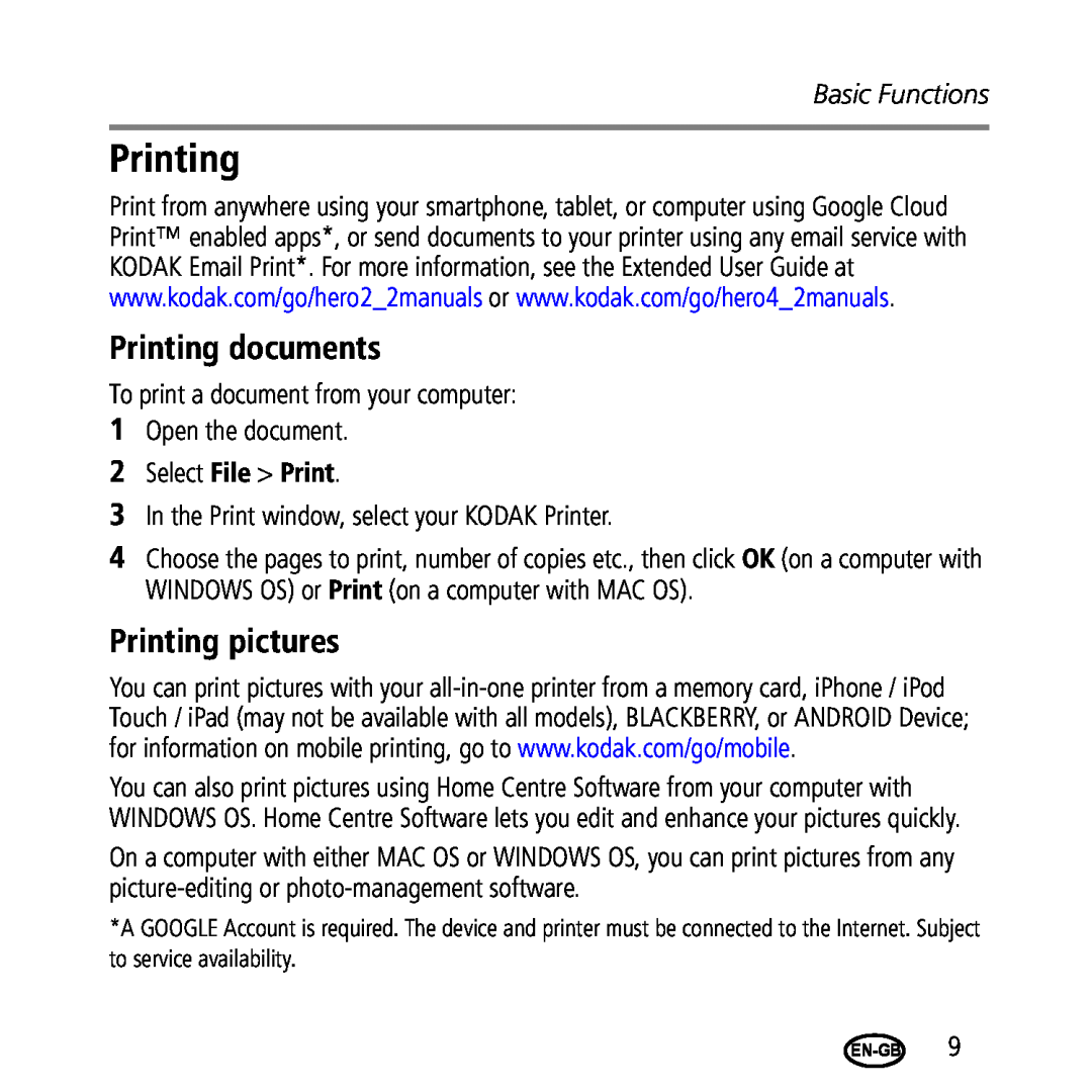Kodak 2.2/4.2 manual Printing documents, Printing pictures, Basic Functions 