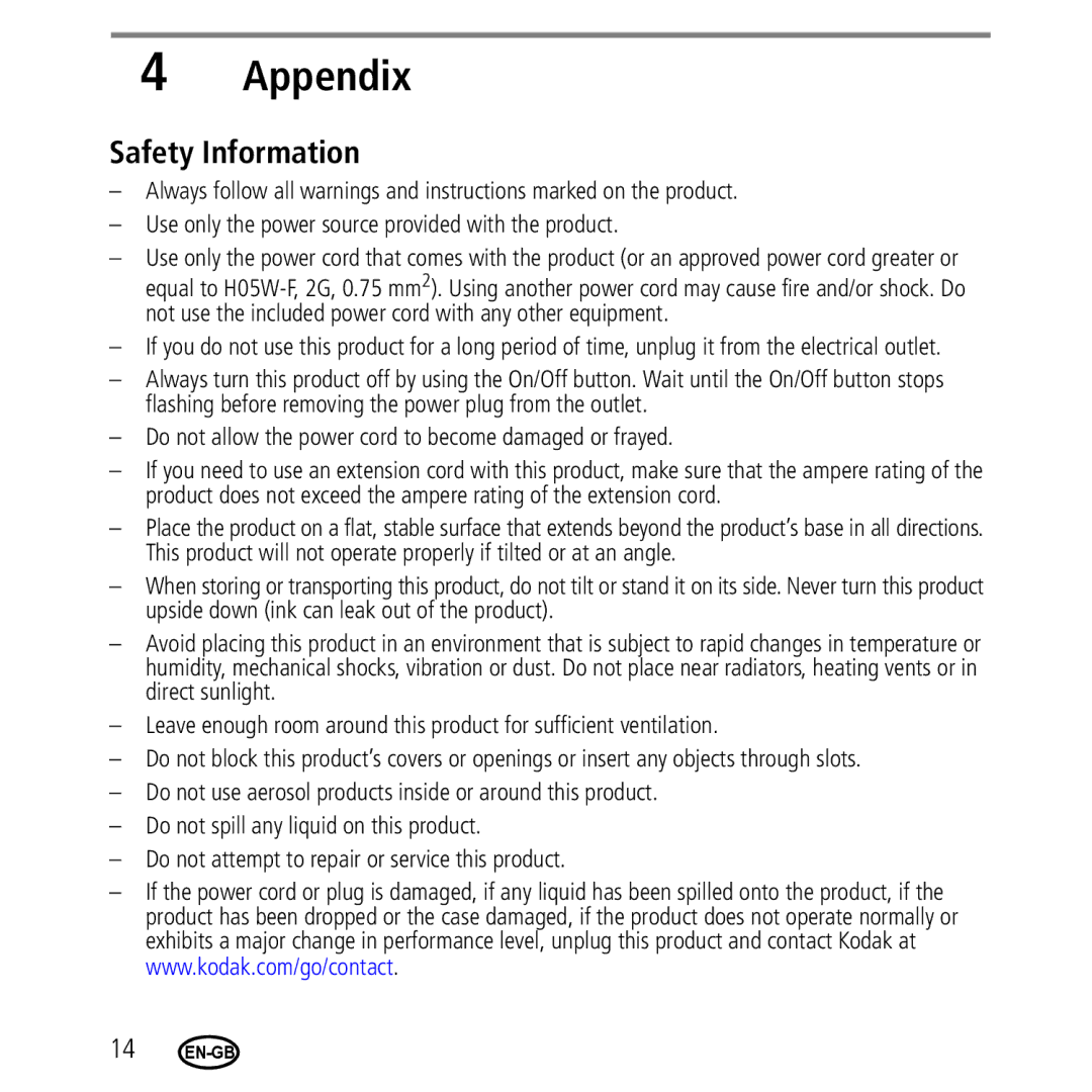 Kodak 2.2/4.2 manual Appendix, Safety Information 