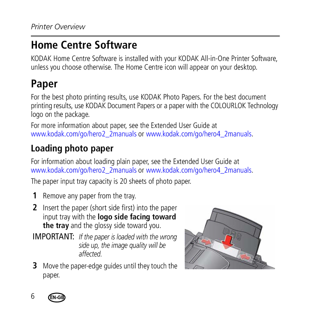 Kodak 2.2/4.2 manual Home Centre Software, Paper, Loading photo paper 