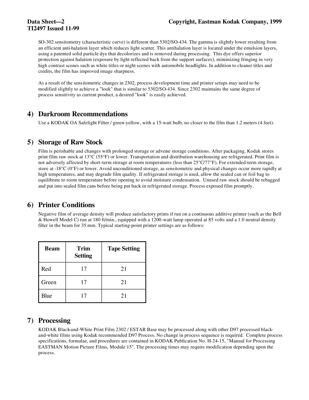 Kodak 2302 manual Darkroom Recommendations, Storage of Raw Stock, Printer Conditions, Processing 