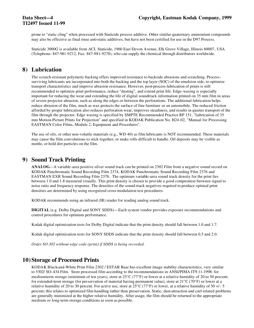 Kodak 2302 manual Lubrication, Sound Track Printing, Storage of Processed Prints 
