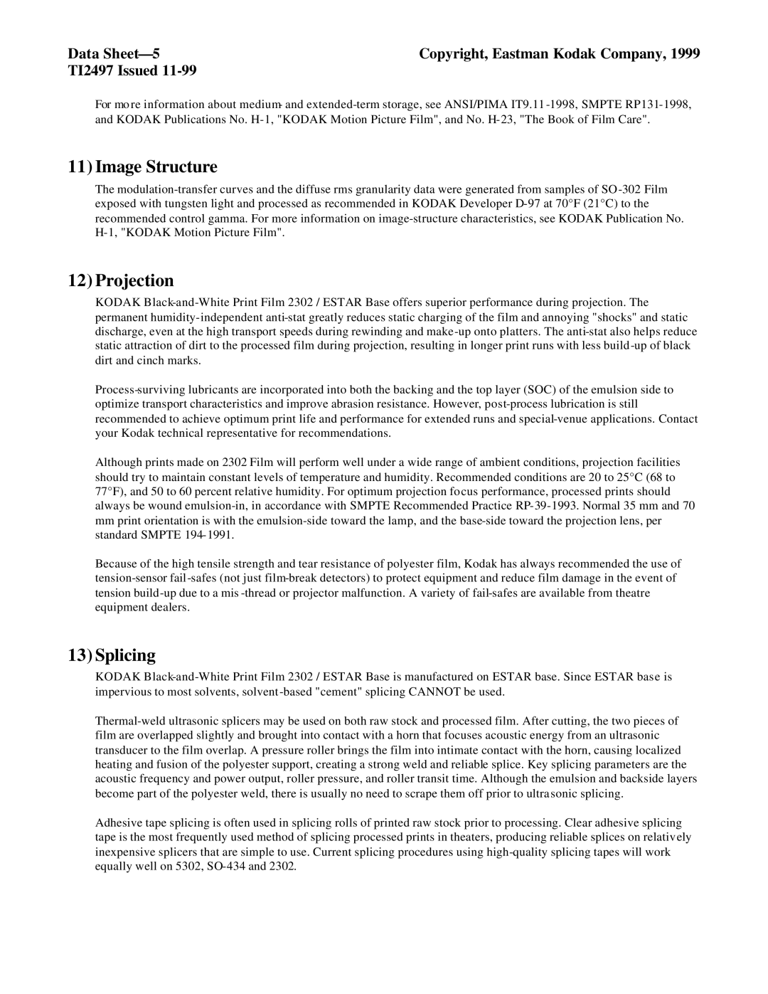 Kodak 2302 manual Image Structure, Projection, Splicing, Data Sheet-5 Copyright, Eastman Kodak Company TI2497 Issued 