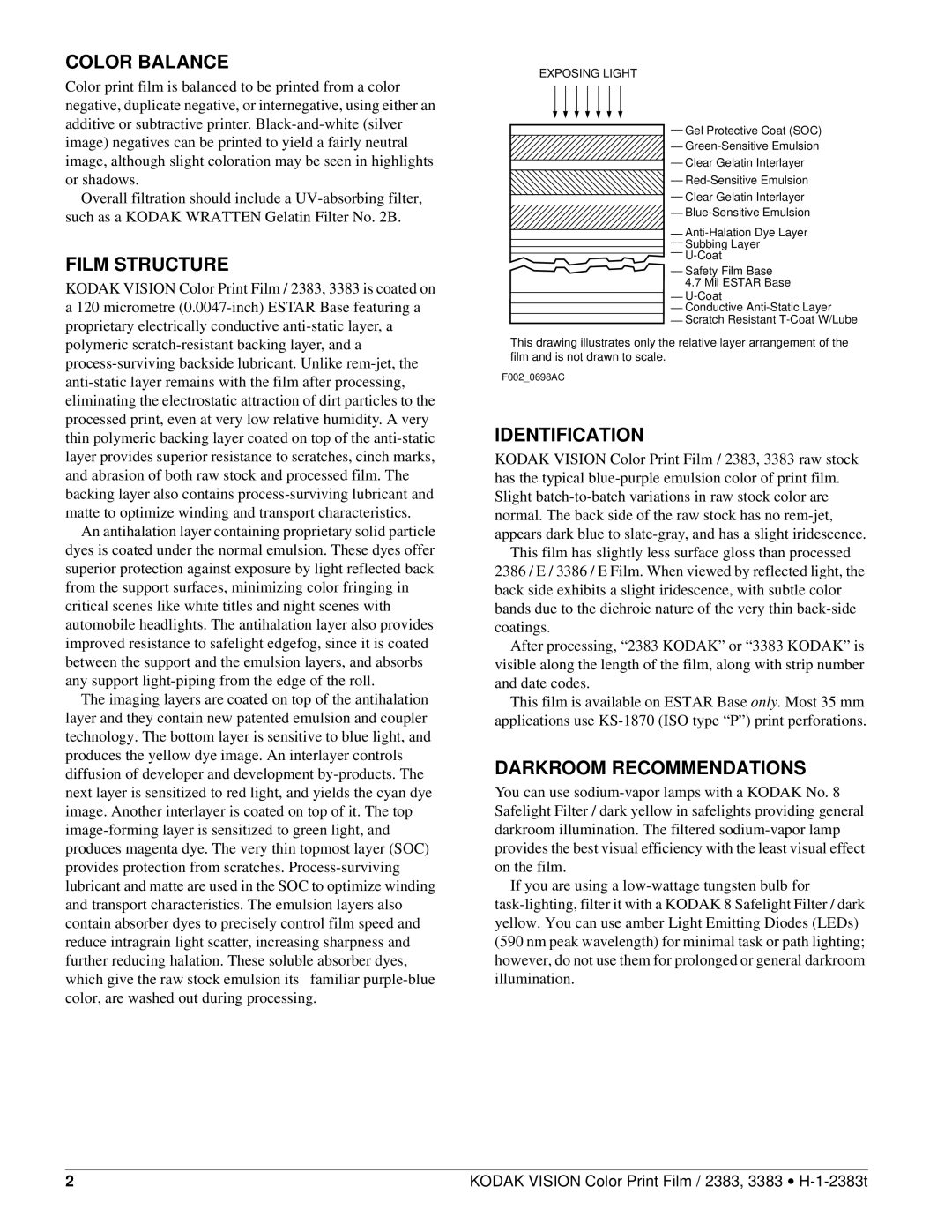 Kodak 2383, 3383 manual Color Balance, Film Structure, Identification, Darkroom Recommendations 