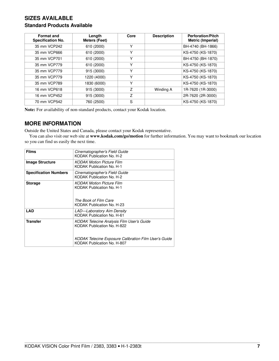 Kodak 3383, 2383 manual Sizes Available, More Information, Standard Products Available, Metric Imperial 