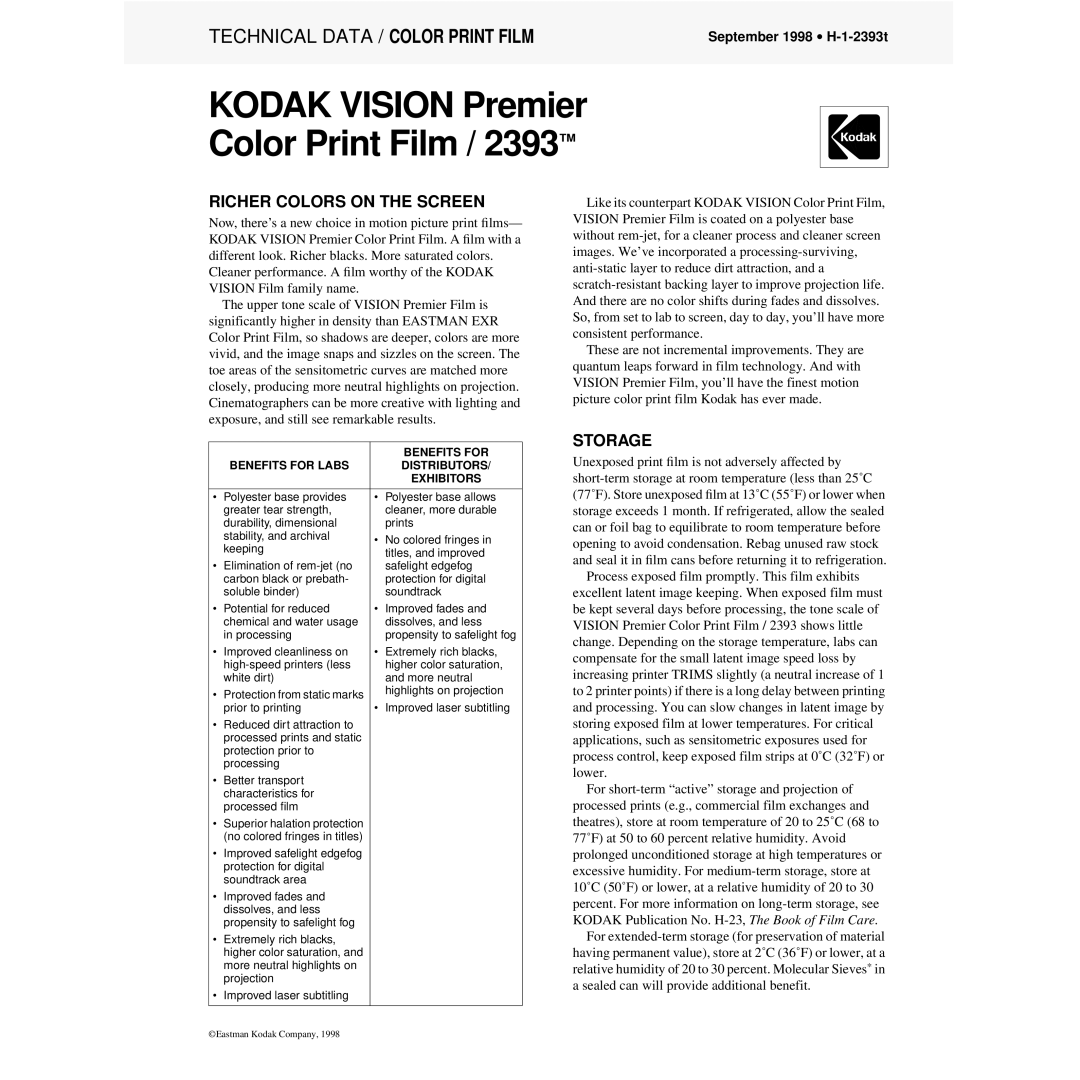 Kodak 2393 manual Richer Colors on the Screen, Storage, Benefits for Labs Distributors Exhibitors 