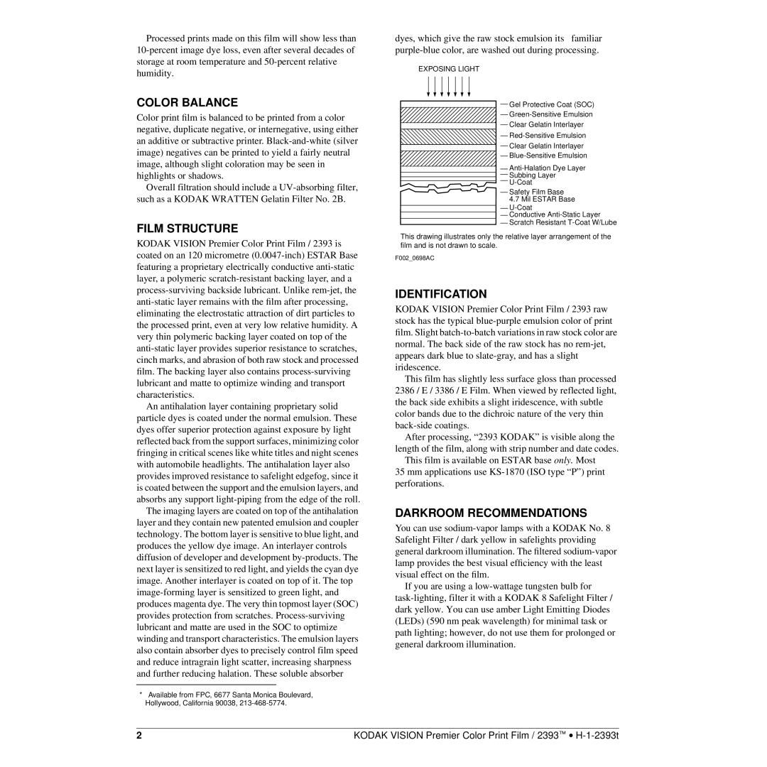 Kodak 2393 manual Color Balance, Film Structure, Identification, Darkroom Recommendations 