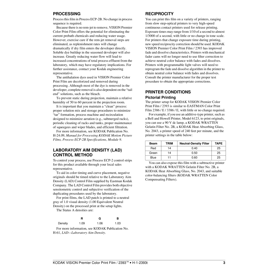 Kodak 2393 Processing, Laboratory AIM Density LAD Control Method, Reciprocity, Printer Conditions, Pictorial Printing 