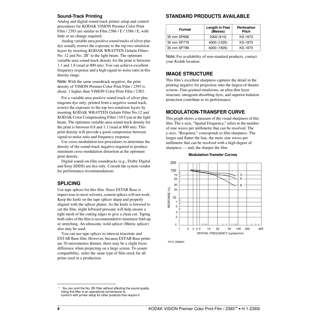 Kodak 2393 manual Splicing, Standard Products Available, Image Structure, MODULATION-TRANSFER Curve, Sound-Track Printing 