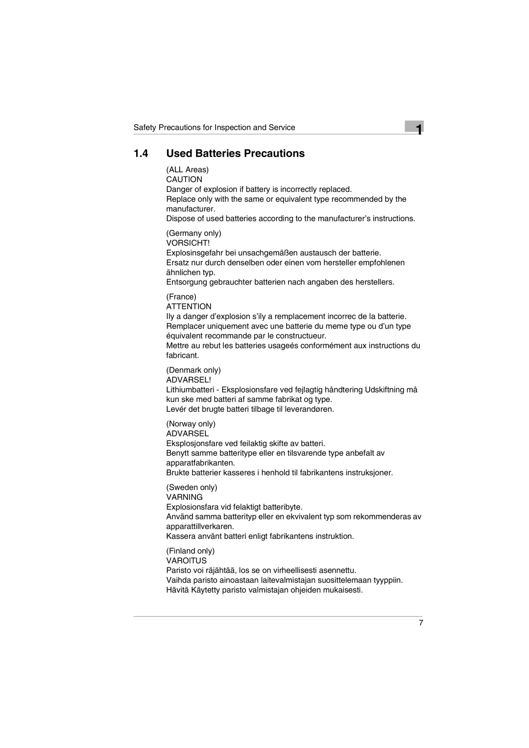 Kodak 2400DSV service manual Used Batteries Precautions, Vorsicht 