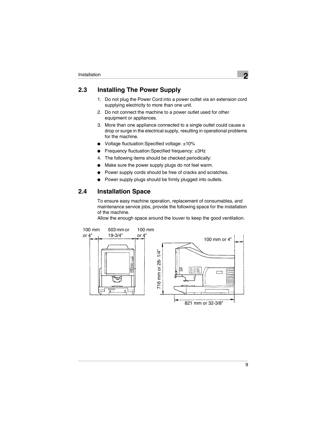 Kodak 2400DSV service manual Installing The Power Supply, Installation Space 