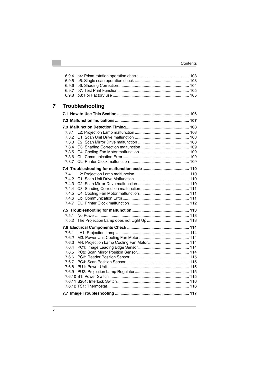 Kodak 2400DSV 110, Troubleshooting for malfunction 113, Electrical Components Check 114, Image Troubleshooting 117 