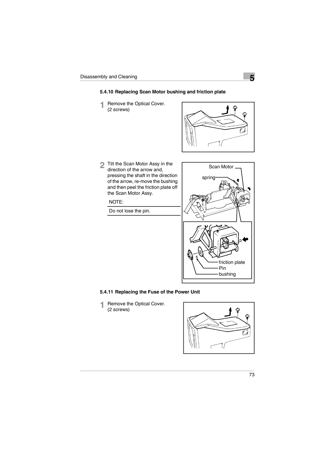 Kodak 2400DSV service manual Replacing Scan Motor bushing and friction plate, Replacing the Fuse of the Power Unit 