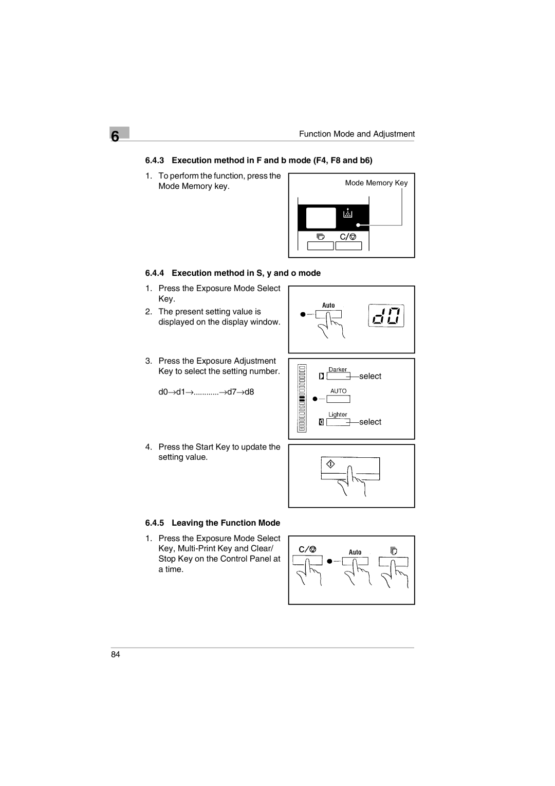 Kodak 2400DSV service manual Execution method in F and b mode F4, F8 and b6, Execution method in S, y and o mode 