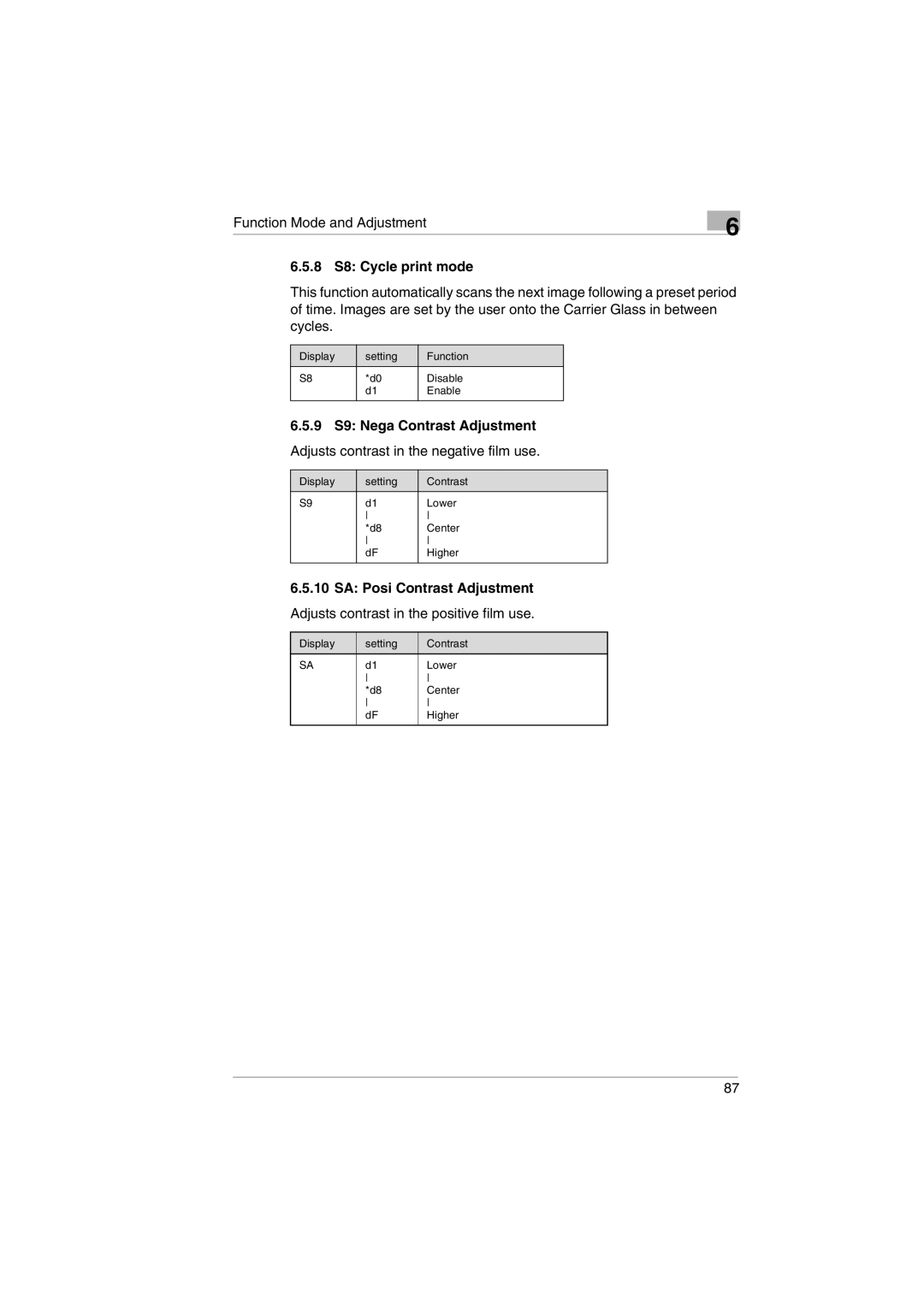 Kodak 2400DSV service manual 8 S8 Cycle print mode, 9 S9 Nega Contrast Adjustment, SA Posi Contrast Adjustment 