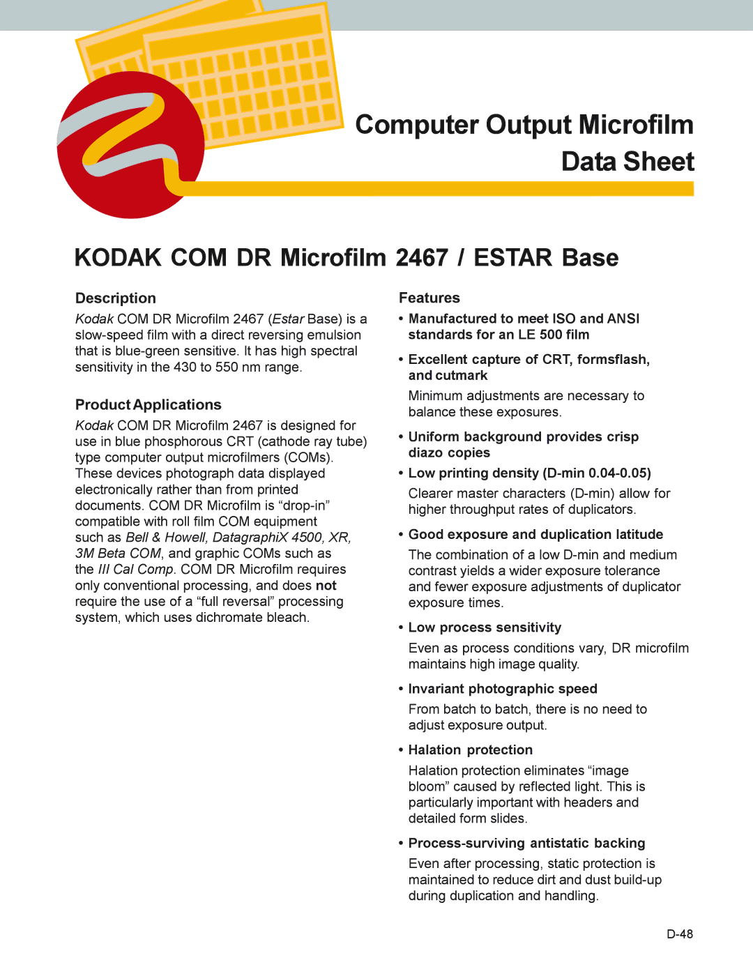 Kodak 2467 manual Description, Product Applications, Features 