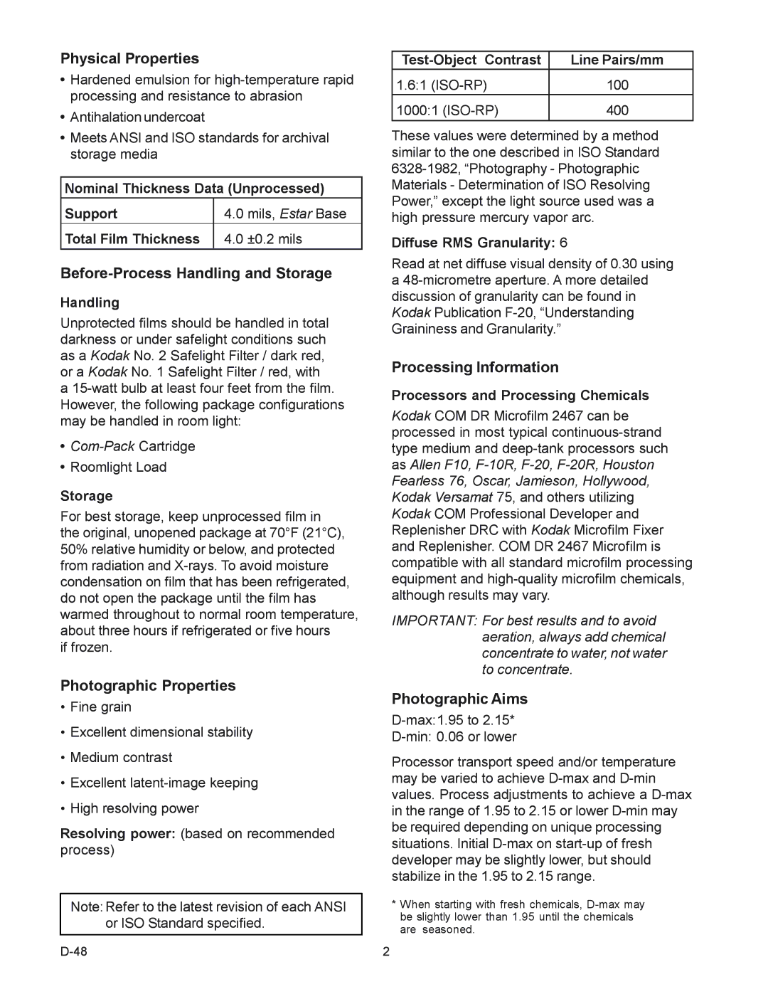 Kodak 2467 manual Physical Properties, Before-Process Handling and Storage, Photographic Properties, Processing Information 