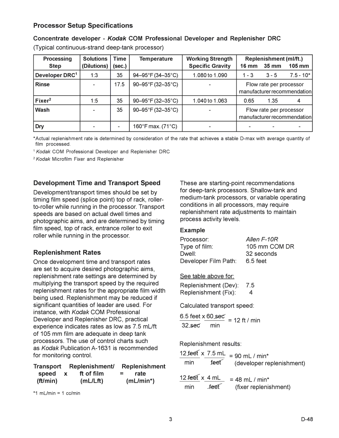 Kodak 2467 manual Processor Setup Specifications, Development Time and Transport Speed, Replenishment Rates 