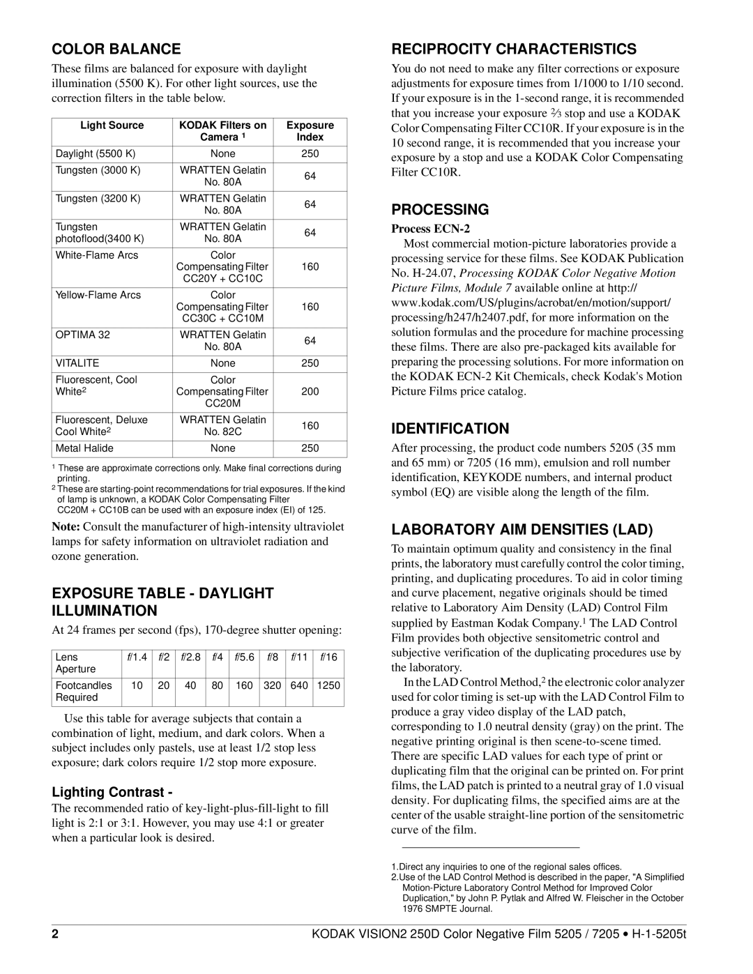 Kodak 250D Color Balance, Exposure Table Daylight Illumination, Reciprocity Characteristics, Processing, Identification 