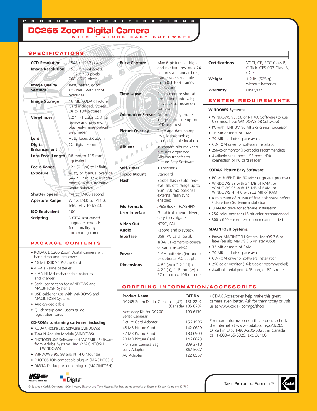 Kodak 265 manual Specification S, S T E M R E Q U I R E M E N T S, C K a G E C O N T E N T S 