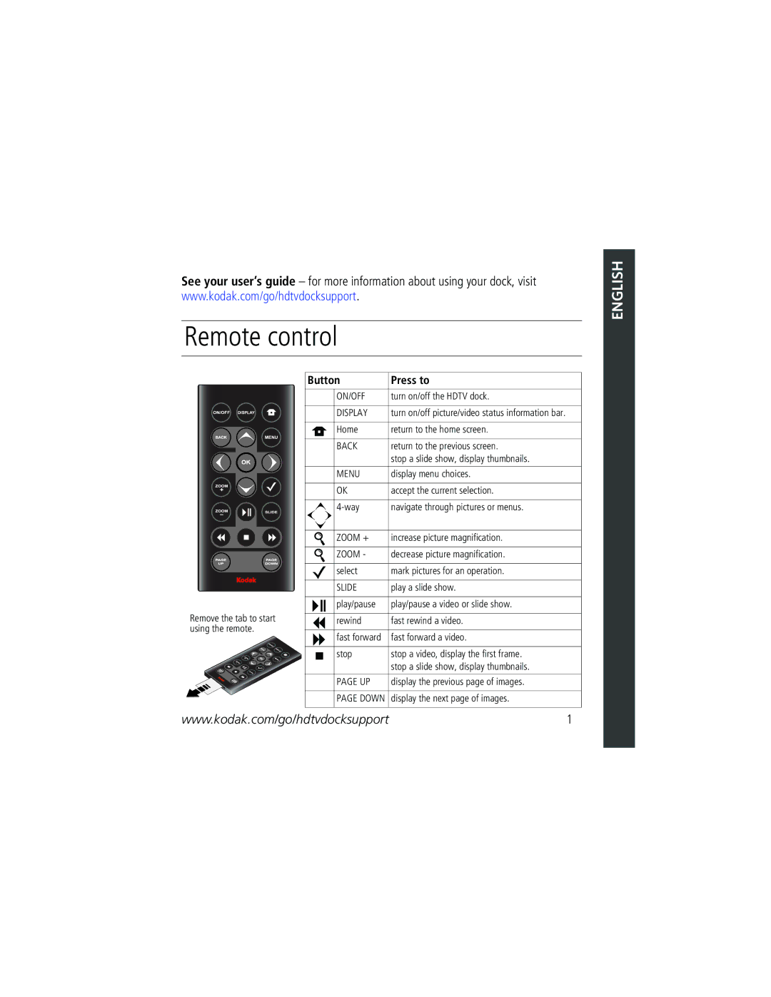 Kodak 2F6571 manual Remote control, English 