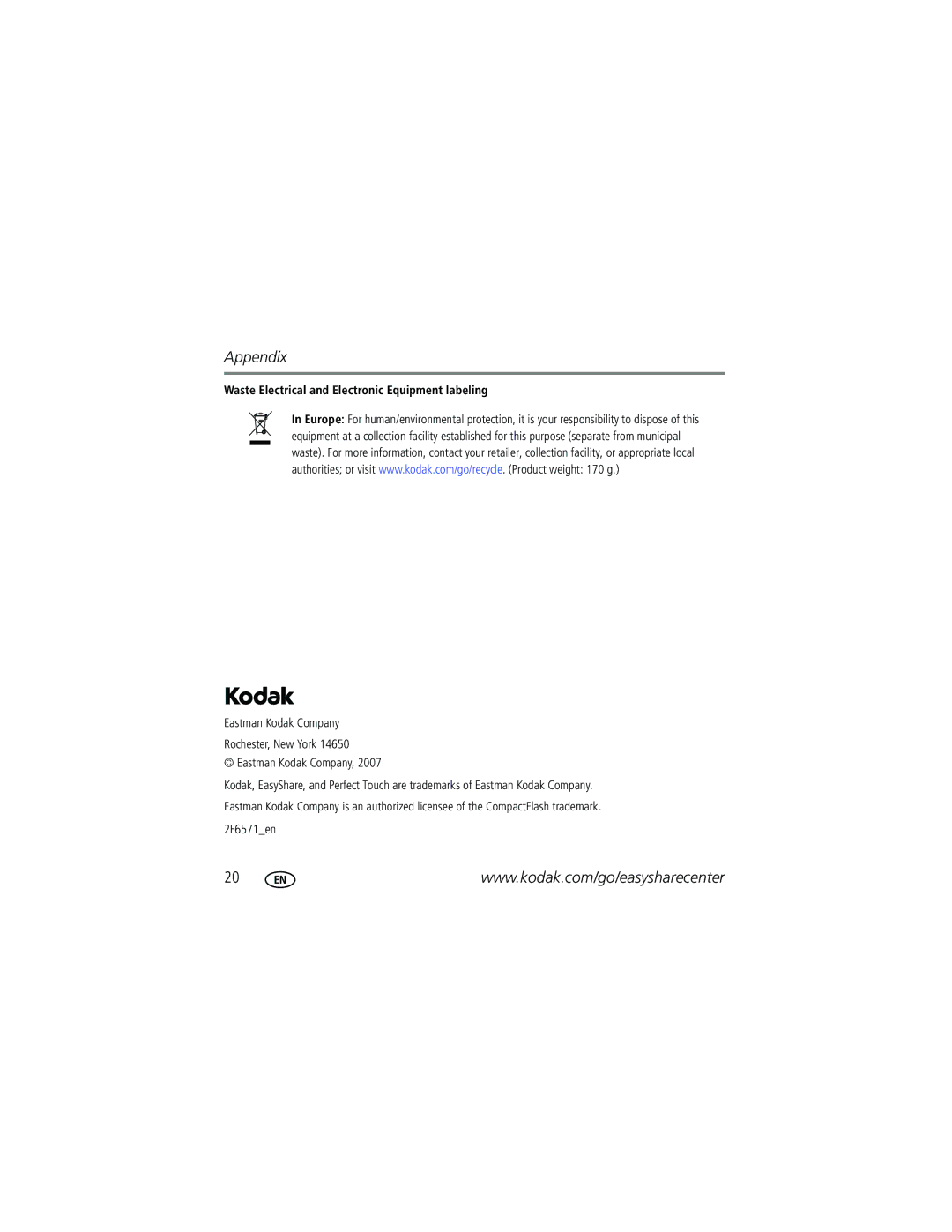 Kodak 2F6571 manual Waste Electrical and Electronic Equipment labeling 