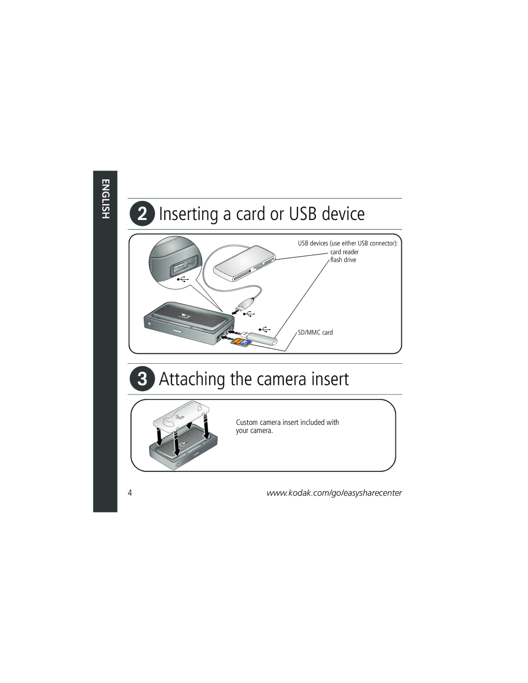 Kodak 2F6571 manual Inserting a card or USB device, Attaching the camera insert 