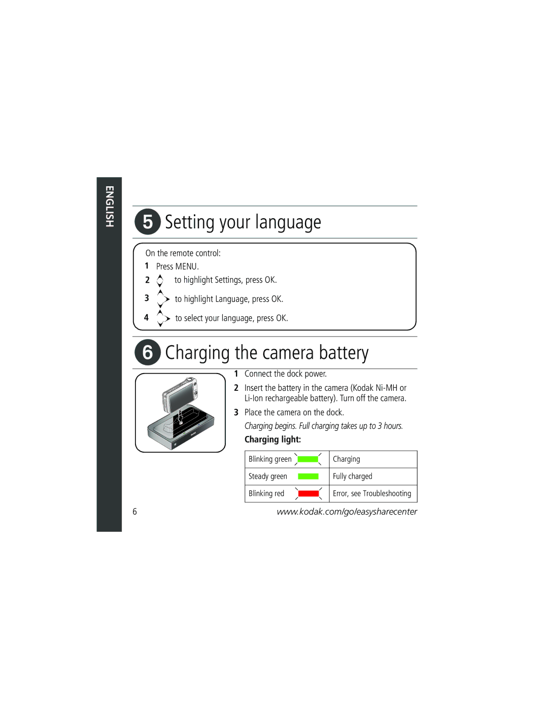 Kodak 2F6571 manual Setting your language, Charging the camera battery 