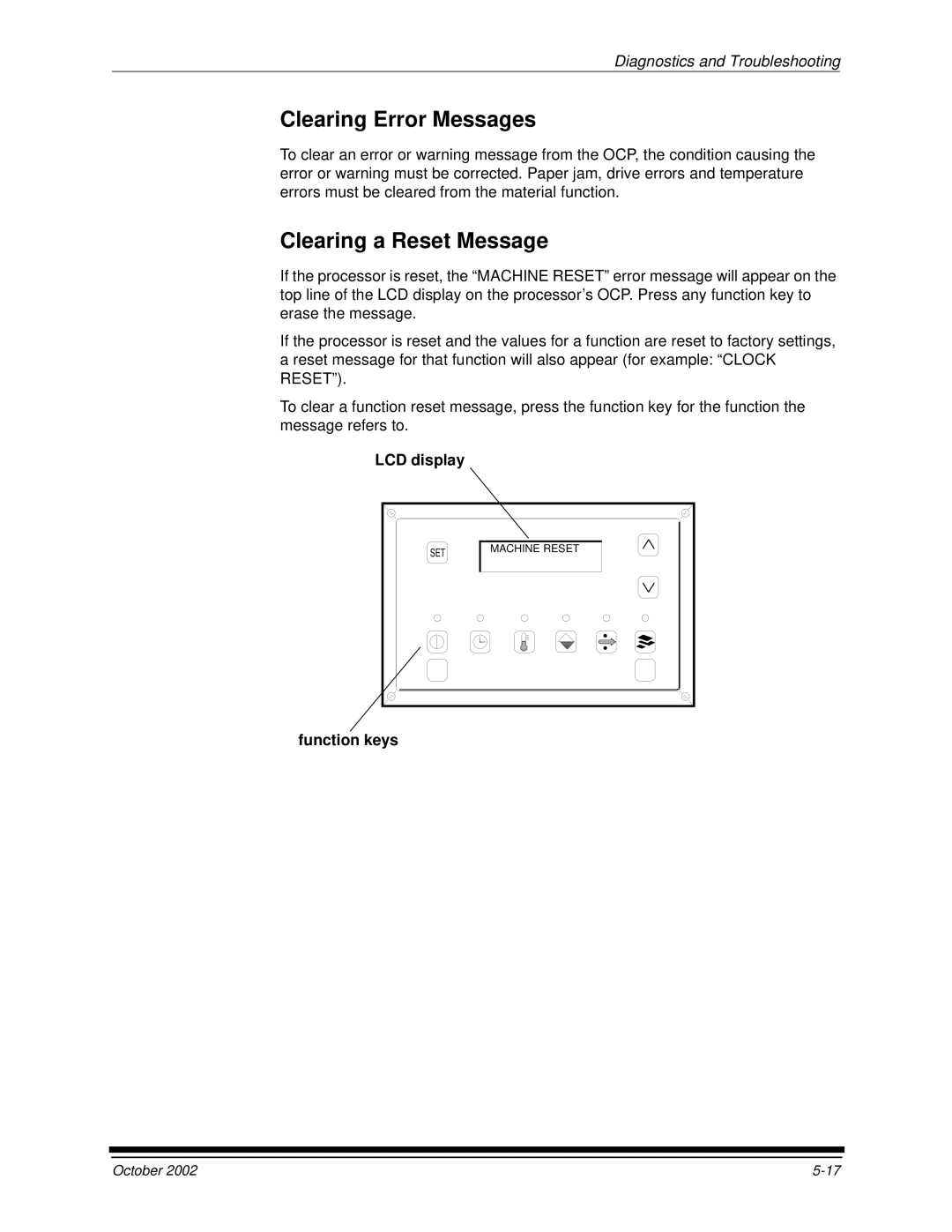 Kodak 2J0686 manual Clearing Error Messages, Clearing a Reset Message 