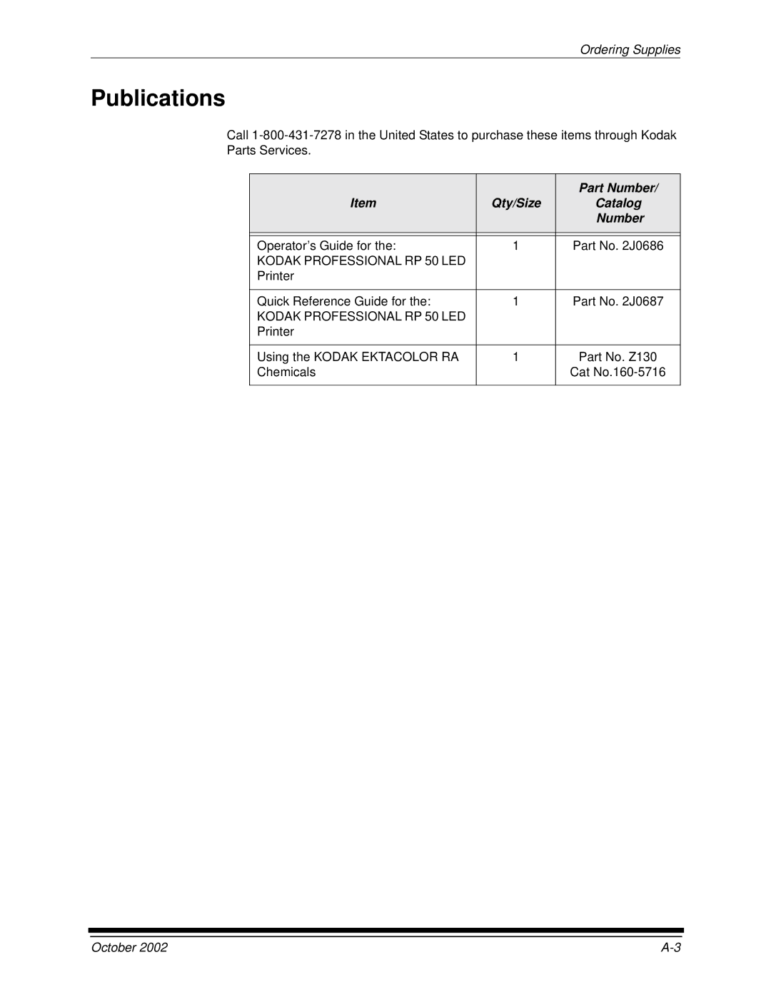 Kodak 2J0686 manual Publications, Part Number 