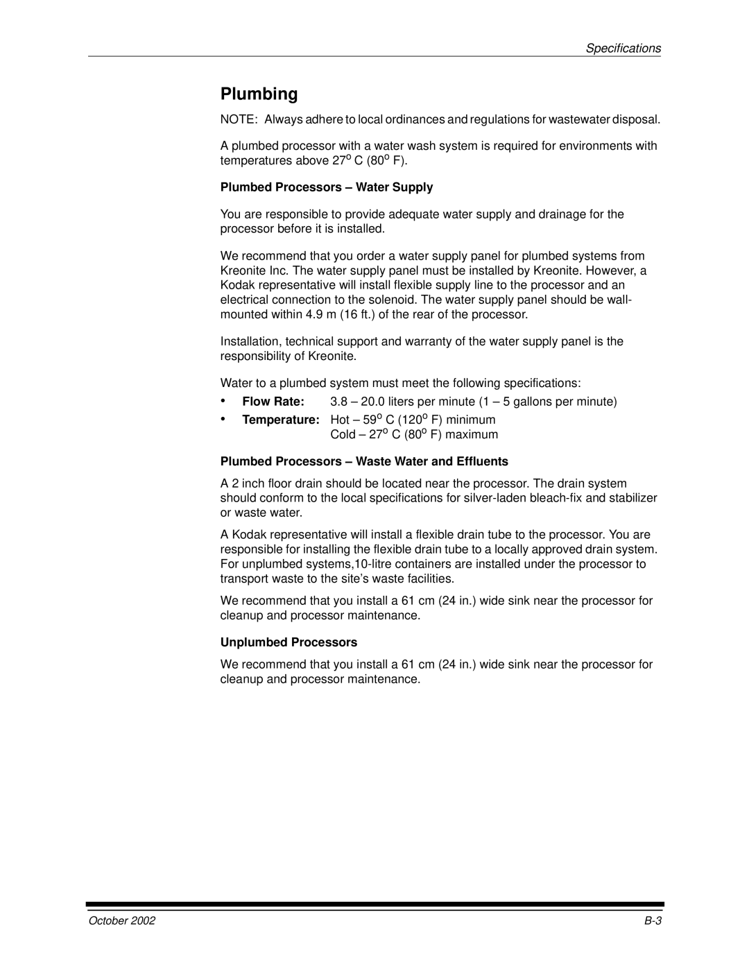 Kodak 2J0686 Plumbing, Plumbed Processors Water Supply, Plumbed Processors Waste Water and Effluents, Unplumbed Processors 