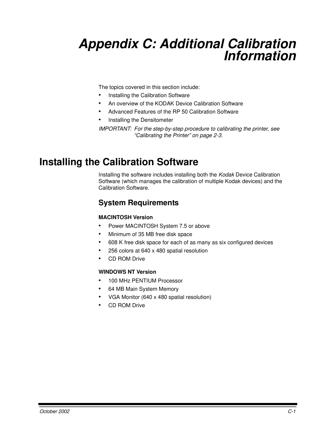 Kodak 2J0686 manual Installing the Calibration Software, System Requirements, Macintosh Version, Windows NT Version 