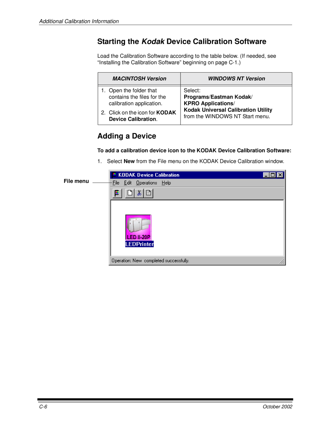 Kodak 2J0686 manual Starting the Kodak Device Calibration Software, Adding a Device, Macintosh Version Windows NT Version 