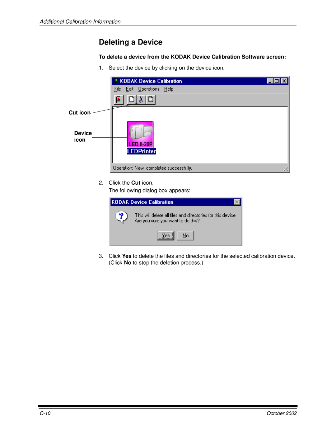 Kodak 2J0686 manual Deleting a Device, Cut icon Device icon 