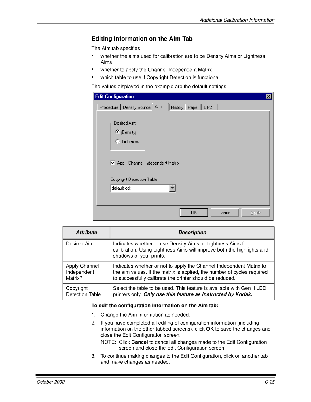 Kodak 2J0686 manual Editing Information on the Aim Tab, Attribute Description 