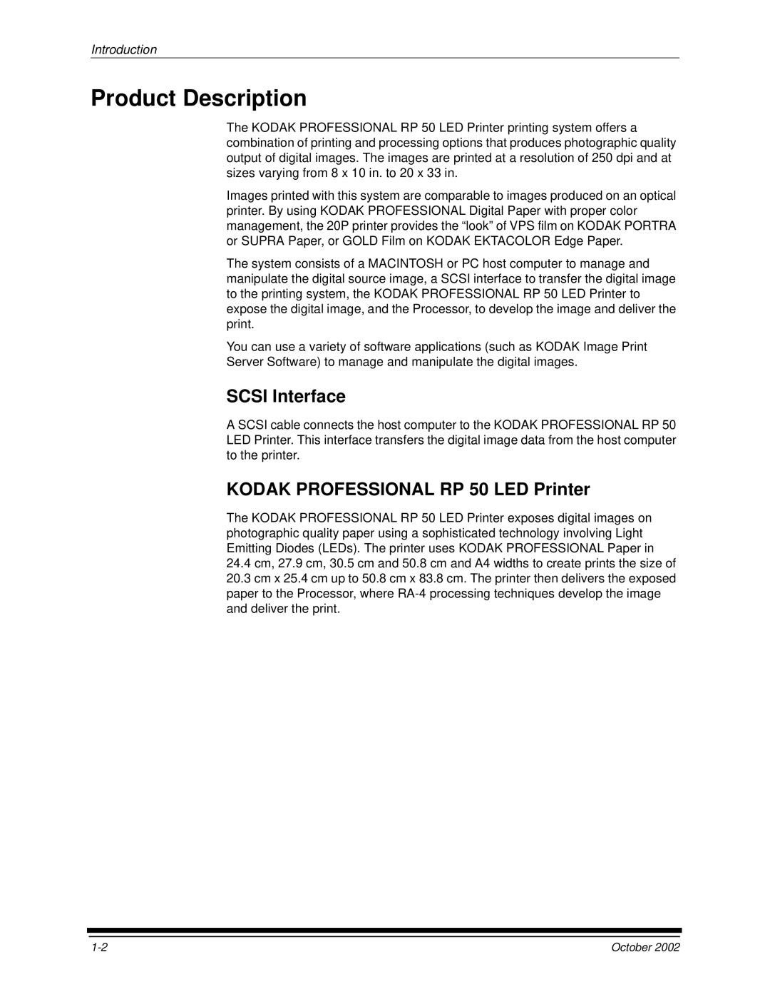 Kodak 2J0686 manual Product Description, Scsi Interface, Kodak Professional RP 50 LED Printer 