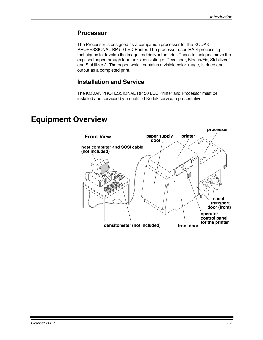 Kodak 2J0686 manual Equipment Overview, Processor, Installation and Service, Front View 