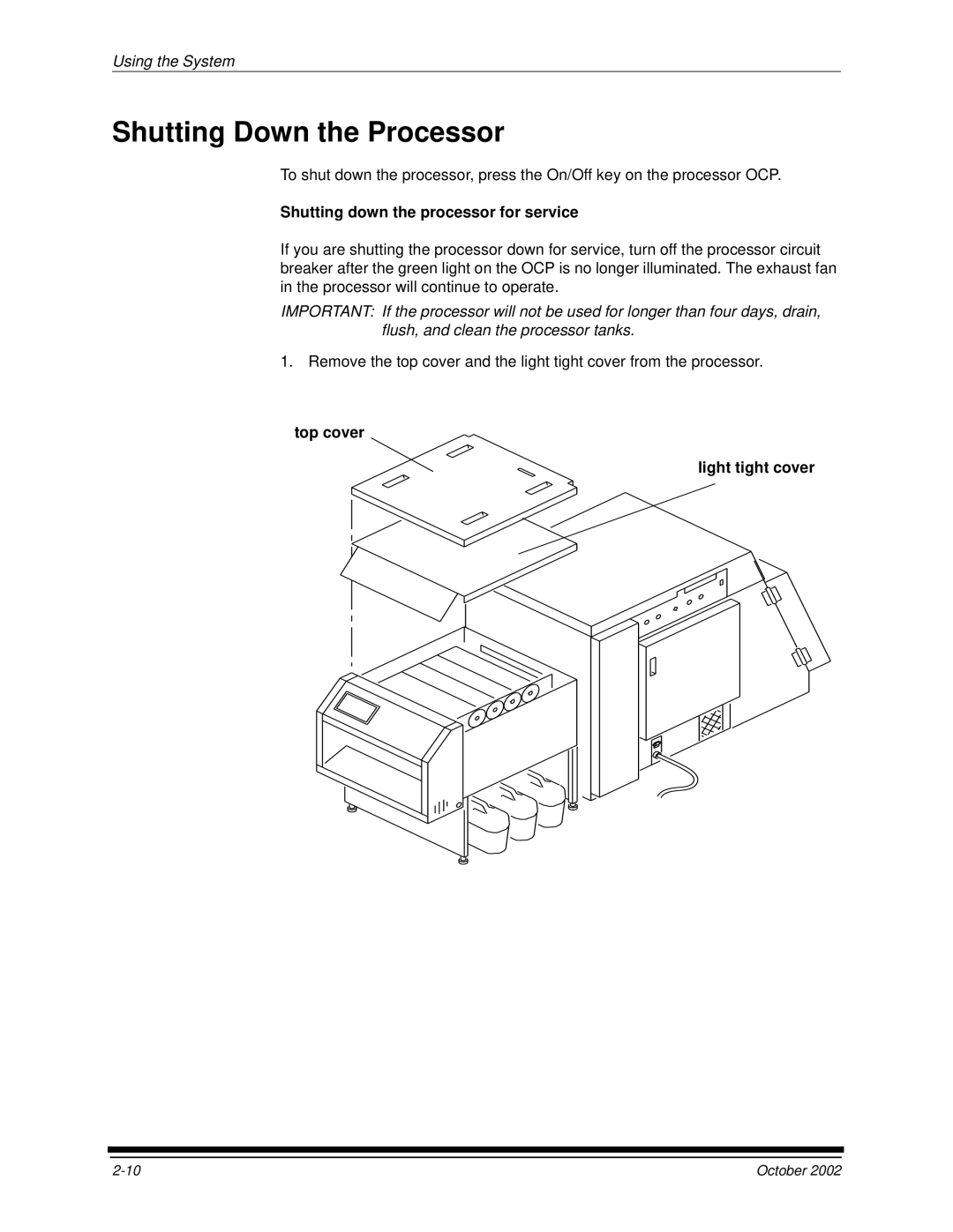 Kodak 2J0686 manual Shutting Down the Processor, Shutting down the processor for service, Top cover Light tight cover 