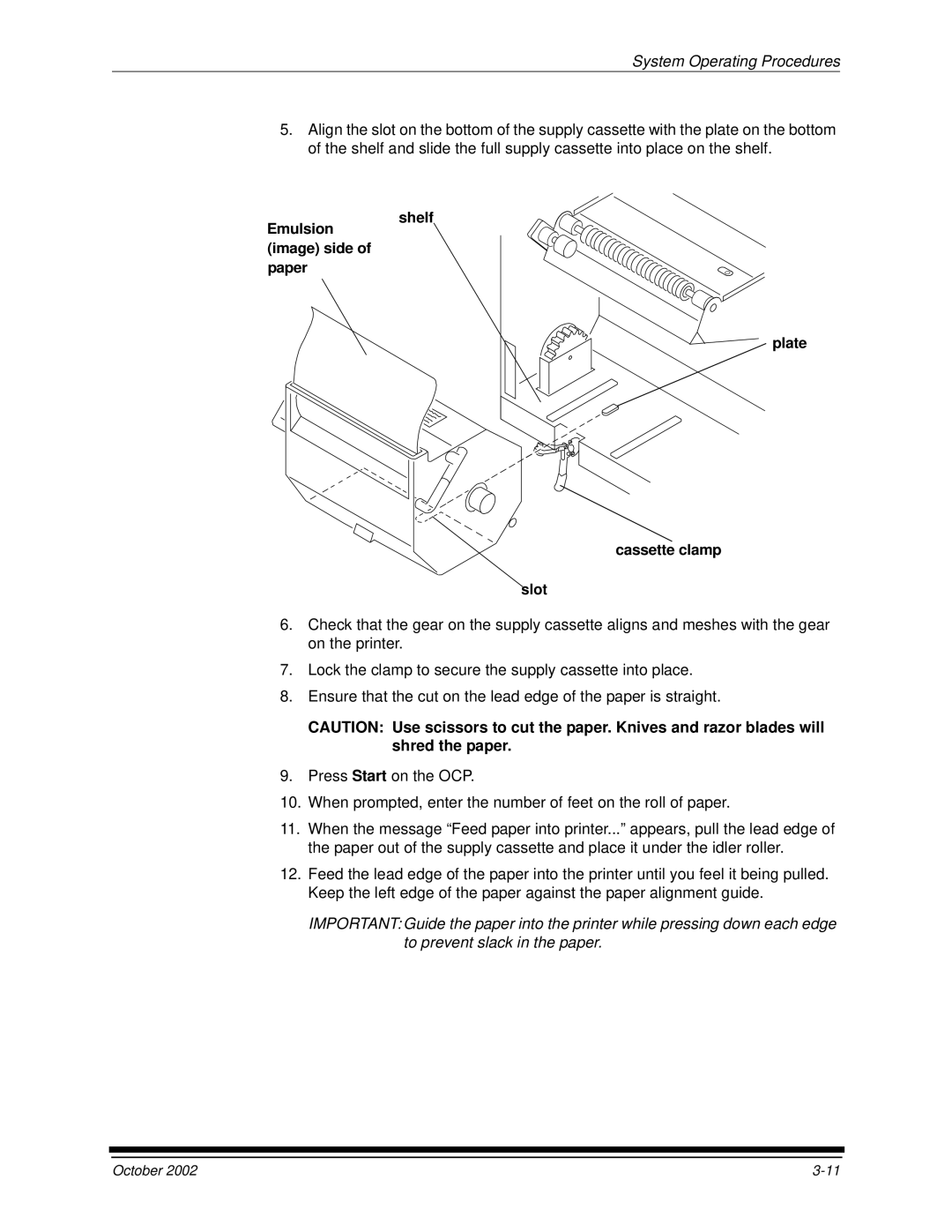 Kodak 2J0686 manual Emulsion image side of paper Shelf Plate Cassette clamp Slot 