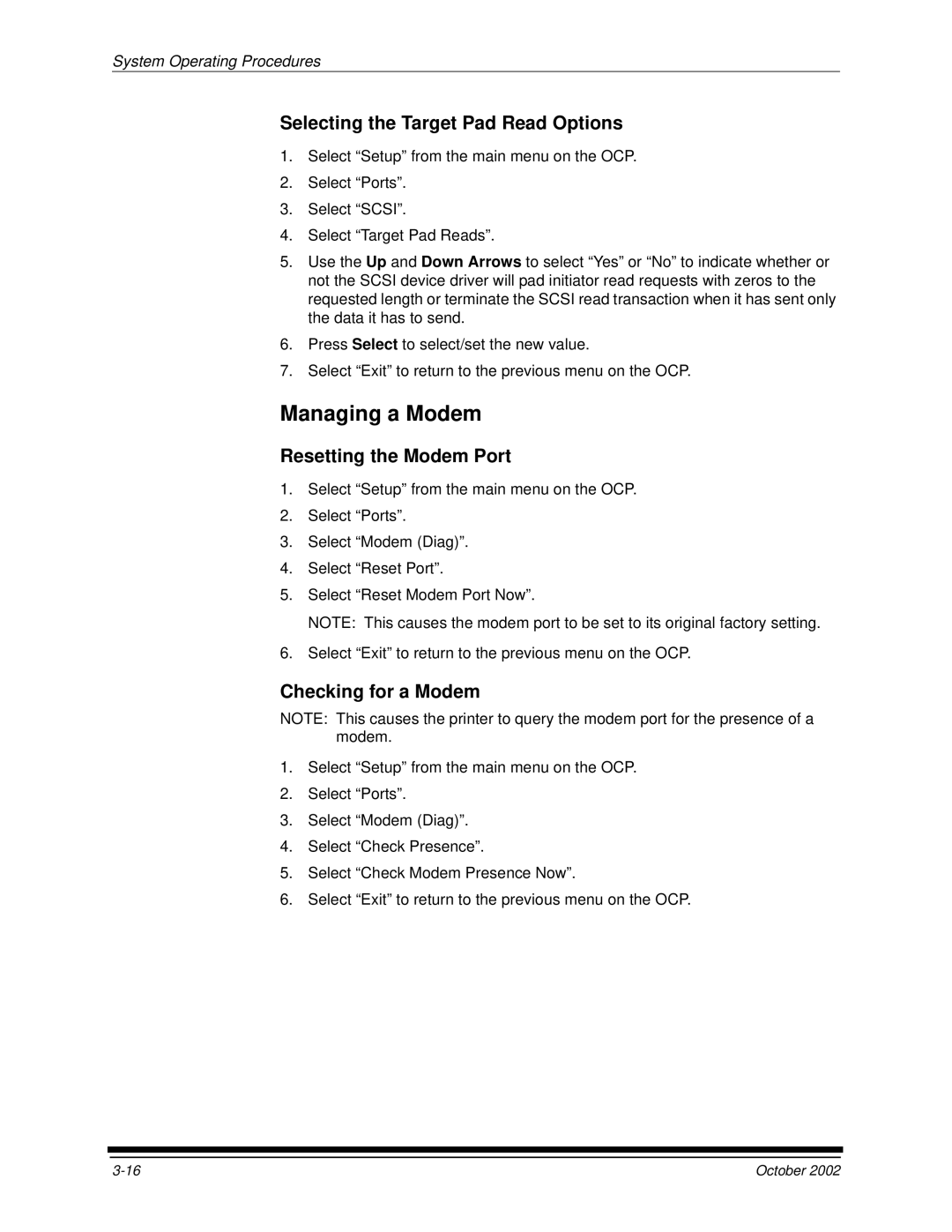 Kodak 2J0686 manual Managing a Modem, Selecting the Target Pad Read Options, Resetting the Modem Port, Checking for a Modem 