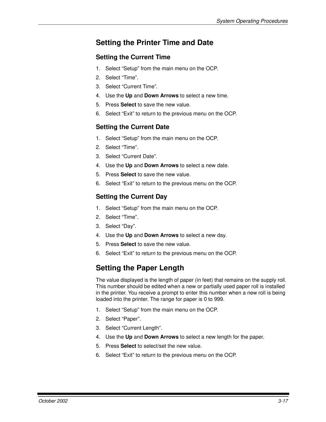 Kodak 2J0686 manual Setting the Printer Time and Date, Setting the Paper Length, Setting the Current Time 