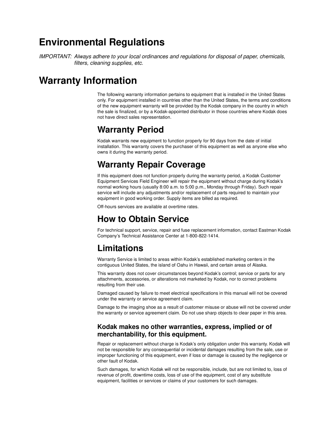 Kodak 2J0686 manual Environmental Regulations, Warranty Information 