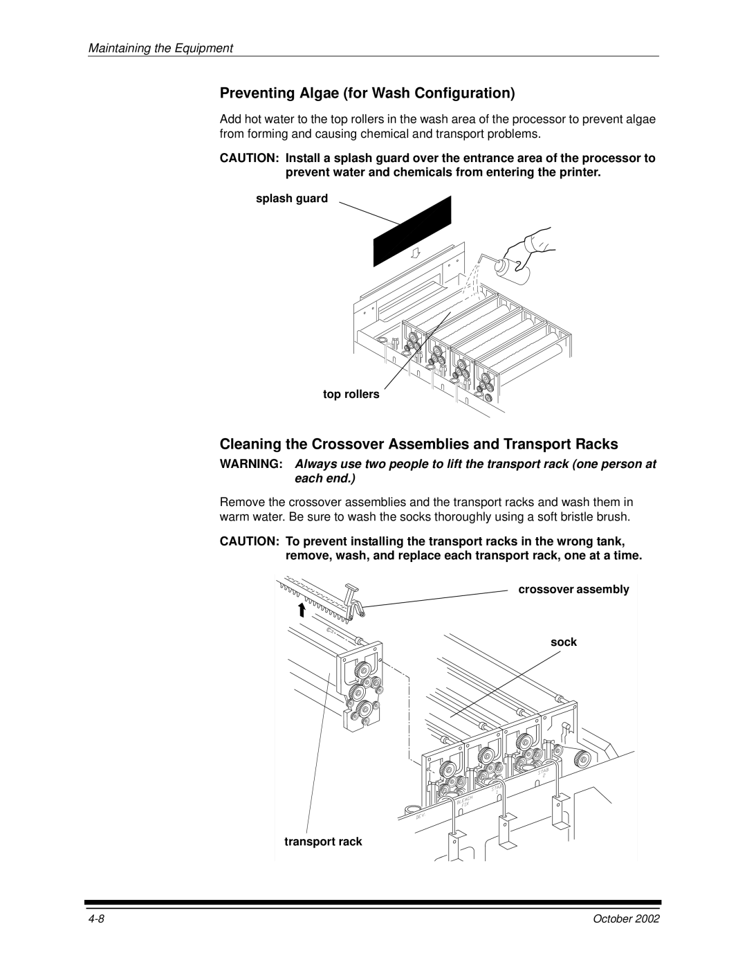 Kodak 2J0686 manual Preventing Algae for Wash Configuration, Cleaning the Crossover Assemblies and Transport Racks 