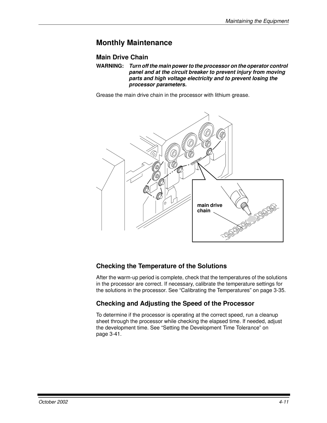 Kodak 2J0686 manual Monthly Maintenance, Main Drive Chain, Checking the Temperature of the Solutions 